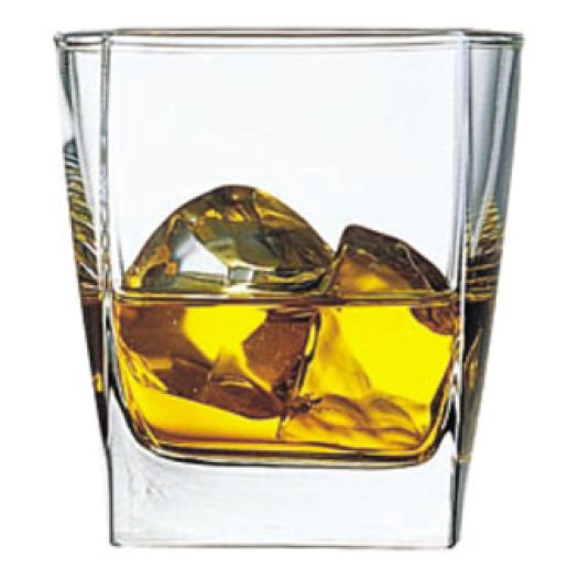 Square glass of whiskey with ice in Sterling OTR packaging